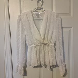 Revamped White Swiss Dot Wrap Peplum Top